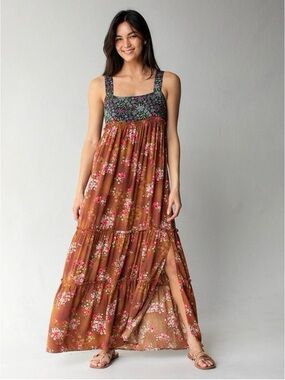 NATURAL LIFE Brown Floral Maxi Dress with Contrasting Printed Bodice